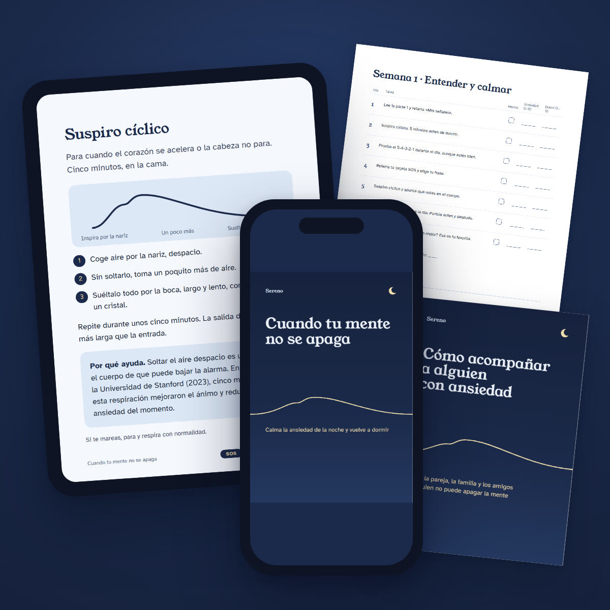 El kit: ebook en móvil y tableta, cuaderno impreso y guía para quien acompaña